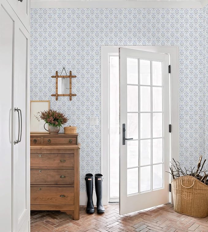 Dimoon Blue Peel and Stick Wallpaper Retro Floral Contact Paper Vintage Boho Cute Wallpaper Renter Friendly Removable Geometric Wall Paper for Bathroom Kitchen Textured Vinyl 17.3''x78.7'' - Image 4