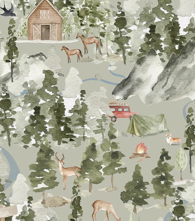 Wilderness Retreat Watercolor Wallpaper Peel and Stick Forest Mural Woodland Animals Alpine Landscape Mural Wall Decals for Bedroom Nursery 118" X 17.4" by HomKihapaiWallpaper