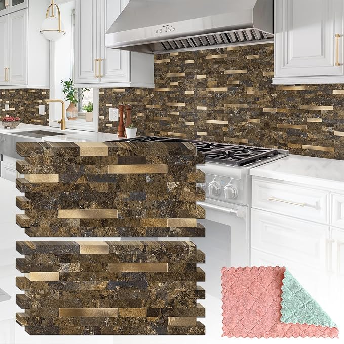 StyloVue 20 Sheets Peel and Stick Backsplash for Kitchen, Rust Slate with Metal Gold Look Stick on Tile Upgrade Your Kitchen Backsplash, RV, Fireplace by StyloVue