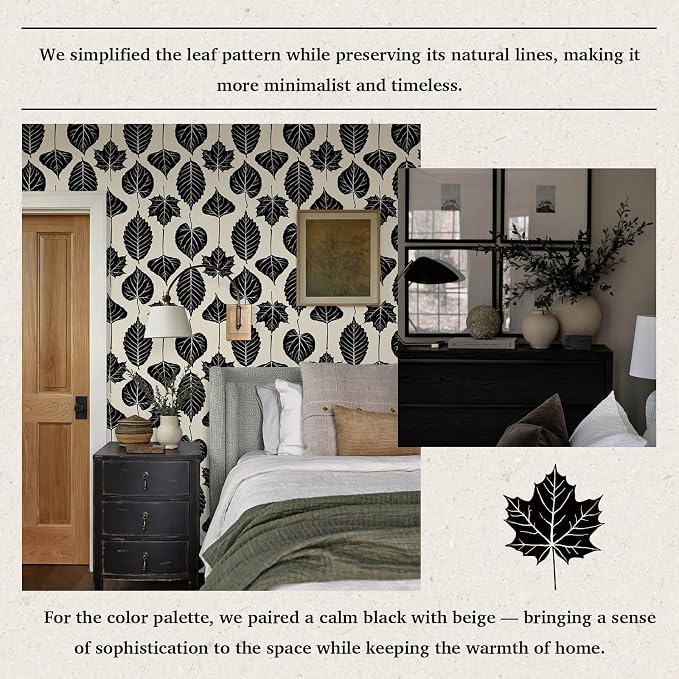 Dimoon Modern Peel and Stick Wallpaper Black and Cream Leaf Contact Paper Botanical Wallpaper Vintage Renter Friendly Removable Geometric Wall Paper for Bedroom Kitchen Textured 17.3''x78.7'' - Image 2