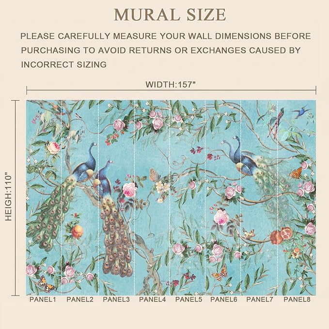MFWFM Chinoiserie Peel and Stick Wallpaper Blue Peacock Wall Murals | 157"x110", for Bedroom Living Room Bathroom, Self Adhesive Canvas - Image 3