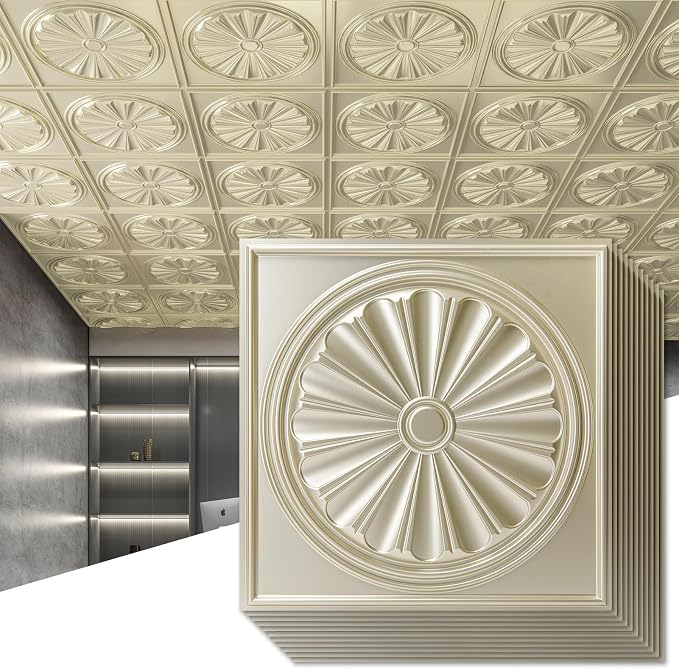 Art3dwallpanels Ceiling Tiles, 24 x 24 Inch, Gold, 12 Pack | Drop Ceiling Tiles, High Grade PVC, 3D Wall Panels for Interior Wall Decor, Fire Rated, Waterproof, Light Weight by Art3dwallpanels