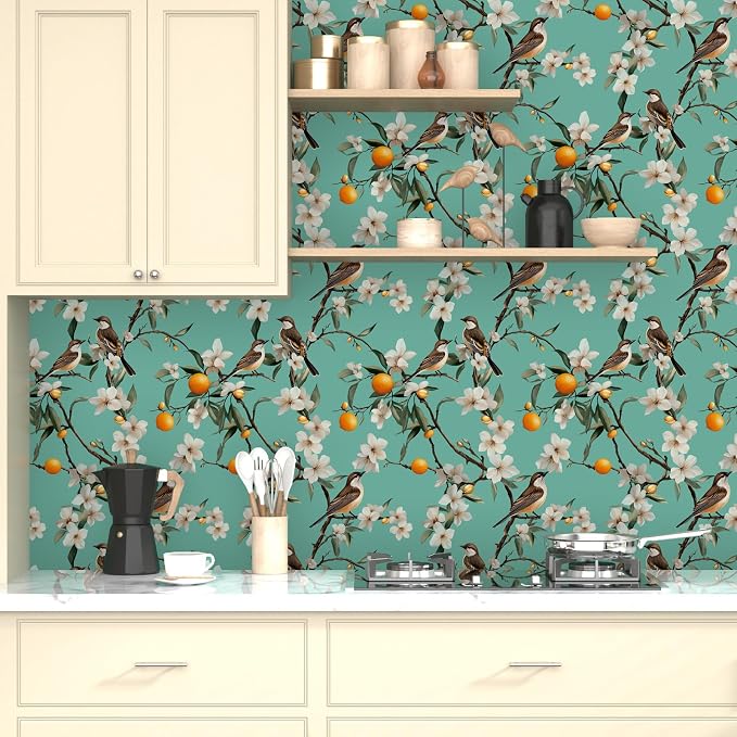 Laatse Vintage Floral Bird Wallpaper Peel and Stick 17.5" × 118", White | Self Adhesive/Removable/Waterproof/Thick Vinyl Contact Paper for Bathroom Bedroom Shelf Cabinet Drawer,Prepasted,Easy Peel - Image 2