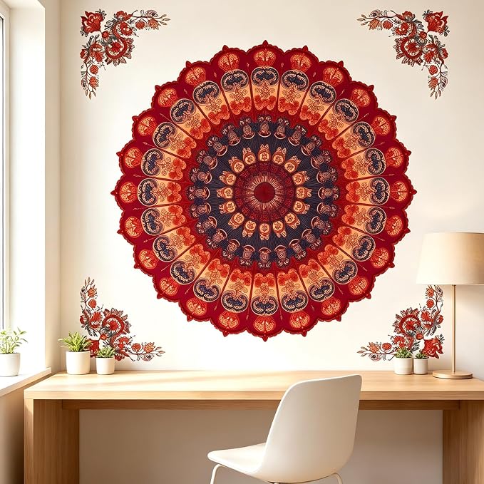 Vintage Boho Red Mandala Wall Decals, Floral Flowers Wall Stickers | Flowers bohemia‌ indian symmetric peel and stick wall decor, removable vinyl wall art mural for bedroom living room classroom - Image 3