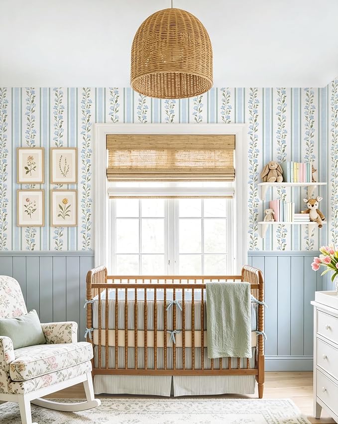 Safiyya Peel and Stick Wallpaper Stripe Floral Wall Paper Removable Blue White Green Contact Paper 17.7''x197'' Waterproof Self Adhesive Vinyl Boho Wallpaper for Bedroom Living Room Decor - Image 5