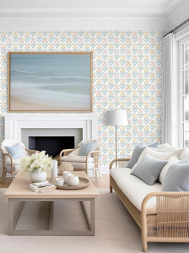 Dimoon 17.3''x393'' Peel and Stick Wallpaper Floral Boho Contact Paper Cute Vintage Village Wallpaper Farmhouse White Blue Renter Friendly Geometry Grid Waterproof Embossed Kitchen Bedroom Vinyl - Image 7