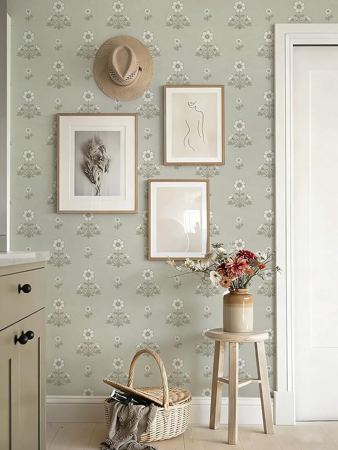 Vintage Floral Wallpaper Floral Peel and Stick Wallpaper for Bathroom 78.7"×17.3" Daisy Wall Paper White and Green Cottagecore Contact Paper for Nursery Kitchen Self-Adhesive Vinyl Waterproof - Image 4