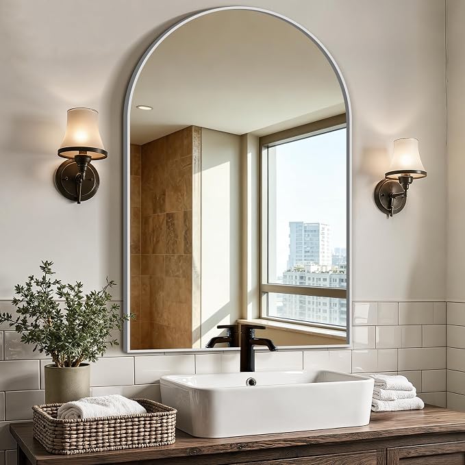 Arched Bathroom Vanity Mirror for Over Sink, 36”x24”, Silver by LawadaMirror
