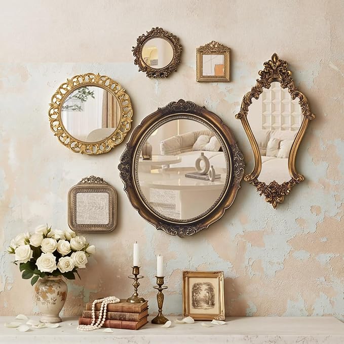 Beeveer 6 Pcs Vintage Gold Wall Mirror Set Luxury Gallery Wall Mirror Decorative Hanging Antique Decor for Living Room Entryway Wedding Bedroom Bathroom Victorian Decor (Baroque,Gold) by Beeveer