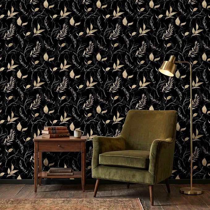 Dark Black and Gold Leaf Peel and Stick Wallpaper 17.7" x 124" | Self-adhesive removable waterproof leaf design for bedroom accent walls and renter friendly spaces - Image 7