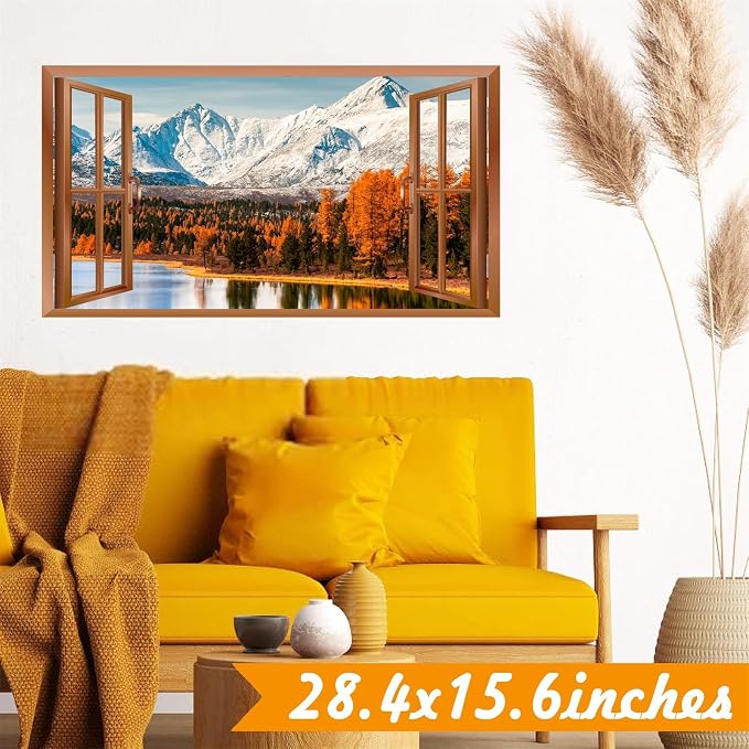 3D Fake Windows Wall Stickers Winter Mountain Lake Wall Stickers Removable Nature Landscape Faux Windows Wall Decals Peel and Stick Forest Wall Art Mural Stickers for Living Room Bedroom Kitchen Decor - Image 2