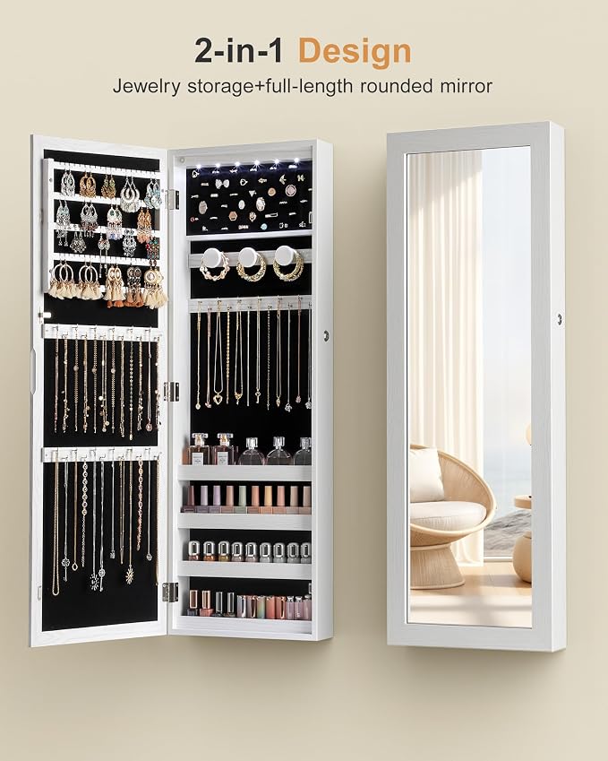 Nicetree 6 LEDs Mirror Jewelry Cabinet, Jewelry Organizer with Full Length Mirror, Wall/Door Mounted Jewelry Organizer, Full Length Mirror with Storge (Textured White) - Image 5