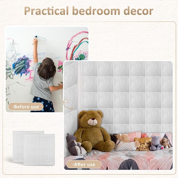 Nuanchu 40 Pcs 13.8 x 13.8 Inch Ceiling Tiles Peel and Stick, Exquisite | Foam White 3D Wall Panels 26-105.5 Sq. ft Adhesive Glue up Waterproof Wallpaper for DIY Office Home - Image 4