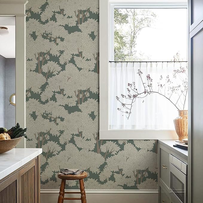 Sage Green Forest Jungle Tree Peel and Stick Wallpaper Waterproof Woodland Decor Wall Mural for Bathroom Bedroom Home Wall Decoration 17.7"x 78.74" - Image 3