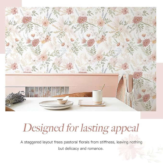 Dimoon Pink Floral Peel and Stick Wallpaper Modern Beige Contact Paper 17.3''x393'' Boho Village Country Cottage Wallpaper Renter Friendly Girls Room Wall Paper for Bathroom Nursery Bedroom Vinyl - Image 2