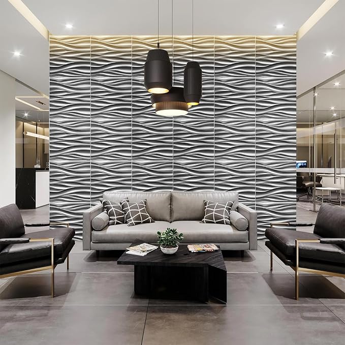 STICKGOO Wave 3D Wall Panels, Brushed Silver, 19.7''x19.7'', Pack of 12 | PVC Accent Wall Panels for Interior Wall Decor, Living Room, Lobby Bedroom Hotel Office, Cover 32.4Sq.Ft - Image 4