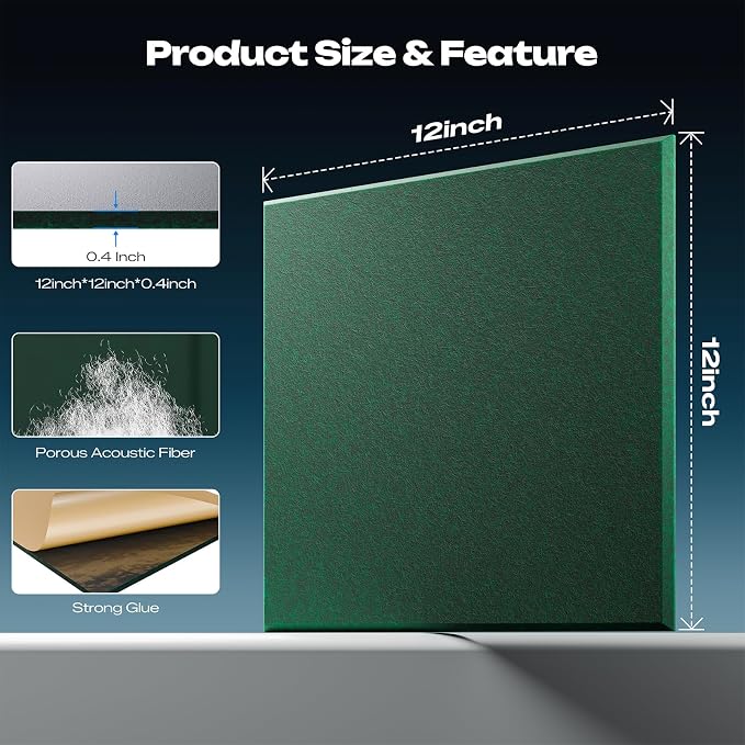 Sonicism 12 Pack Acoustic Wall Panels with Self-Adhesive, 12" X 12" X 0.4" Sound Proof Foam Panels, Decorative Soundproof Wall Panels, Sound Proof Absorbing Tiles for Home & Offices, Dark Green - Image 4