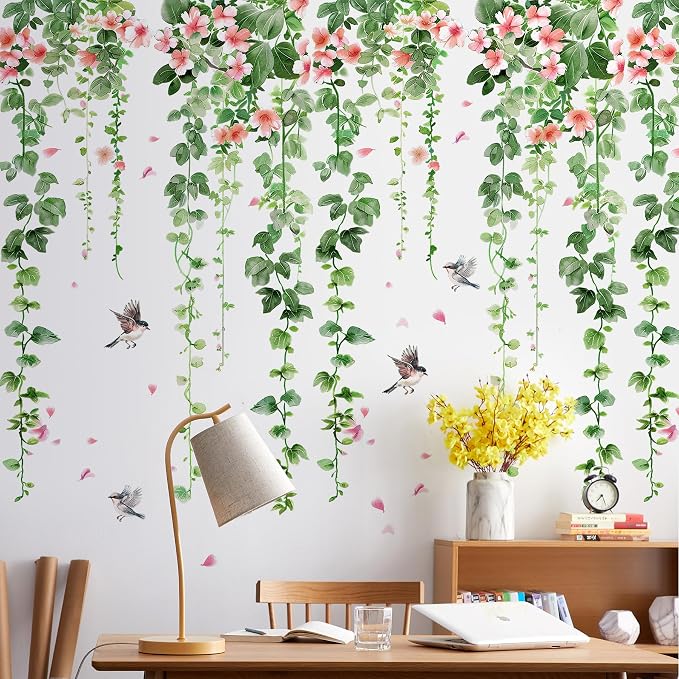 4 Sheets Green Plants Flower Wall Decals Hanging Vine Green Leaves Wall Stickers Watercolor Pink Flowers Wall Art Nature Removable Peel and Stick Wallpaper for Kids Bedroom Nursery Home Decoration 21 - Image 5