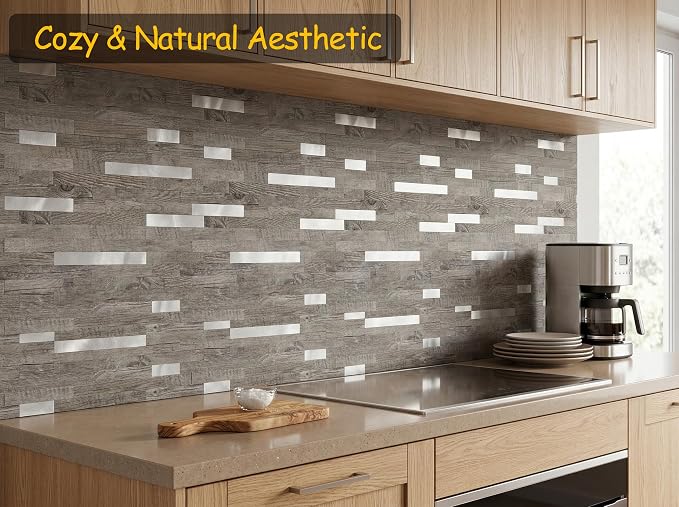 Yipscazo Peel and Stick Wood Metal Backsplash, Stick on Tiles for Backsplash Kitchen (Light Brown Wood, 20-Pack) - Image 2