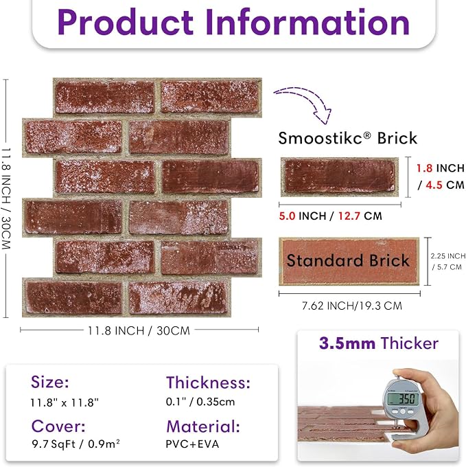 3D Peel and Stick Faux Brick Wall Panels 11.8" x 11.8" 10-Pack | Red Orange, Small Brick-Look Textured Sticker, Thin Lightweight PVC Self Adhesive Tiles for Interior Decor, Cover 9.7 sq ft - Image 3