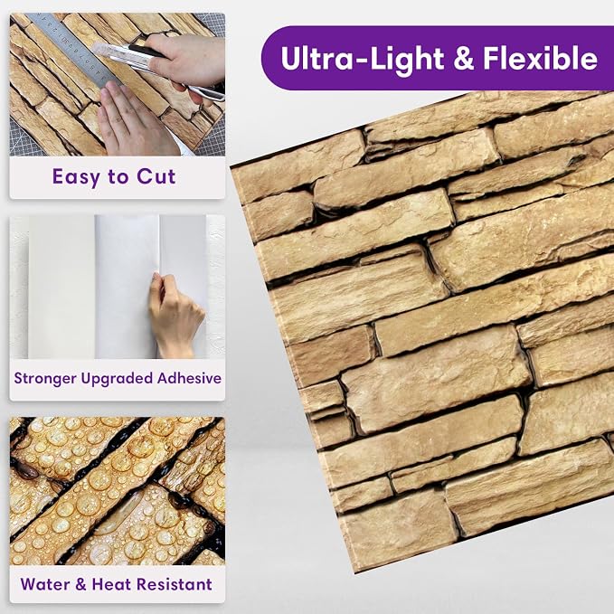 3D Peel and Stick Faux Stone Wall Panels 11.8" x 11.8" 10-Pack | Earthy Yellow, Stone-Look Textured Sticker, Thin Lightweight PVC Self Adhesive Wall Tiles for Interior Decor, Cover 9.7 sq ft - Image 5