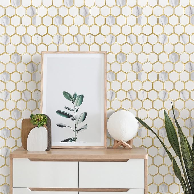 STICKGOO Hexagon Peel and Stick Backsplash Tile, Stick on Backsplash for Kitchen and Bathroom, White Marble Look PVC Mixed Metal Gold Self Adhesive Metal Mosaic Tiles(6 Sheets, Seamless) - Image 5