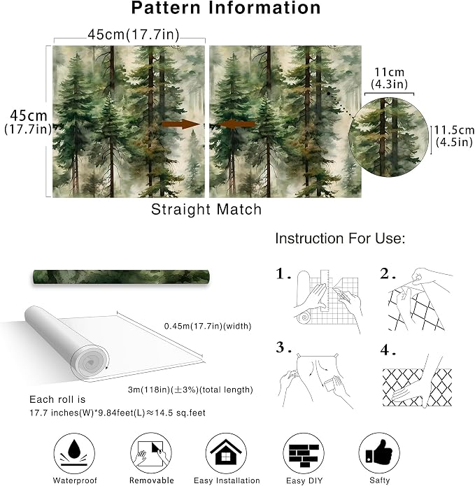 HAOKHOME Forest Peel and Stick Wallpaper Tree Green Mural Woodland Nature | Textured Removable Wall Paper Modern Waterproof Landscape Mountain Botanical Bathroom Bedroom Contact Paper 17.3in x 9.8ft - Image 7