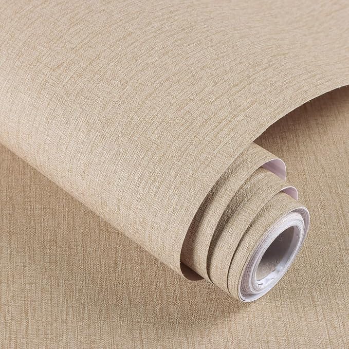 Grasscloth Peel and Stick Wallpaper Beige Brown Vinyl 16in x 118in | Faux Linen Vintage Wallpaper Textured Removable Wall Paper Grass Cloth Cabinets Bedroom for Cabinet Self Adhesive Vinyl by lenify