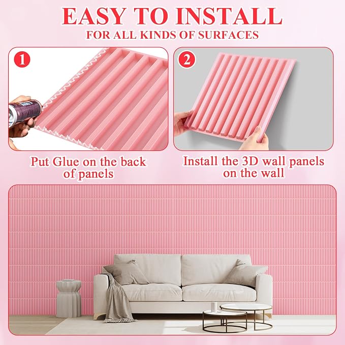 Nuanchu 32 Pcs 3D Wall Panels, 12"x12" PVC Fluted Tiles, Pink | Waterproof Accent Panels, Paintable Wall Tiles, for TV Background, Bedroom, Bathroom, Gaming Room, Cuttable Home DIY Decor - Image 4