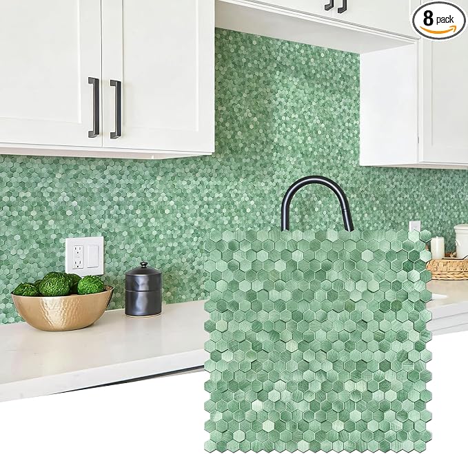 STICKGOO Peel and Stick Backsplash Tiles, Stick on Mosaic Self Adhesive Tiles, 3D Hexagon Backsplash for Kitchen Bathroom Fireplace Vanity (8PCS, Light Green) by STICKGOO