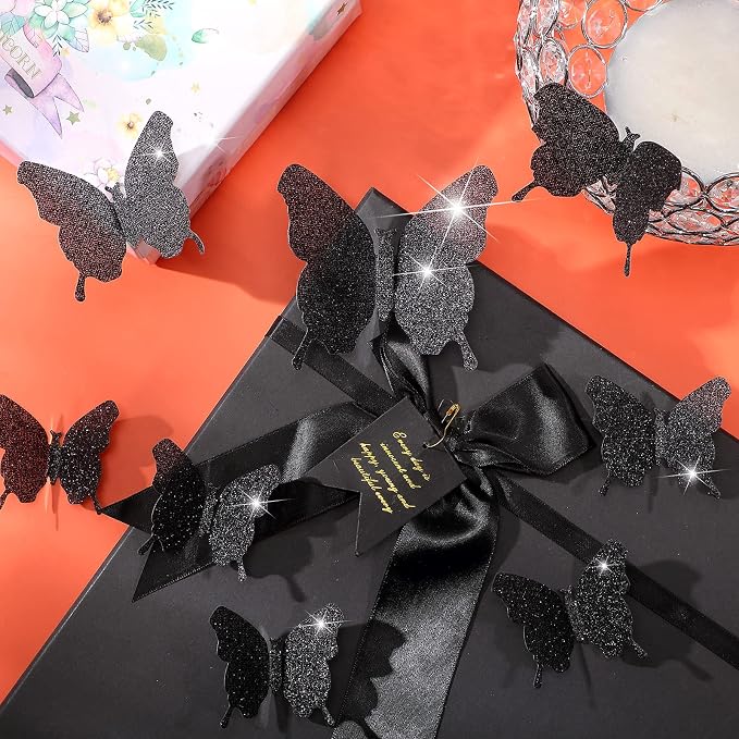 BBTO 48 Pcs 3D Butterfly Mirror Wall Decor,Glitter Black | Butterfly Stickers,3 Sizes,for Birthday Party Cake,Room Nursery Bathroom Wall Decor,Removable Peel Stick,Reflective - Image 4