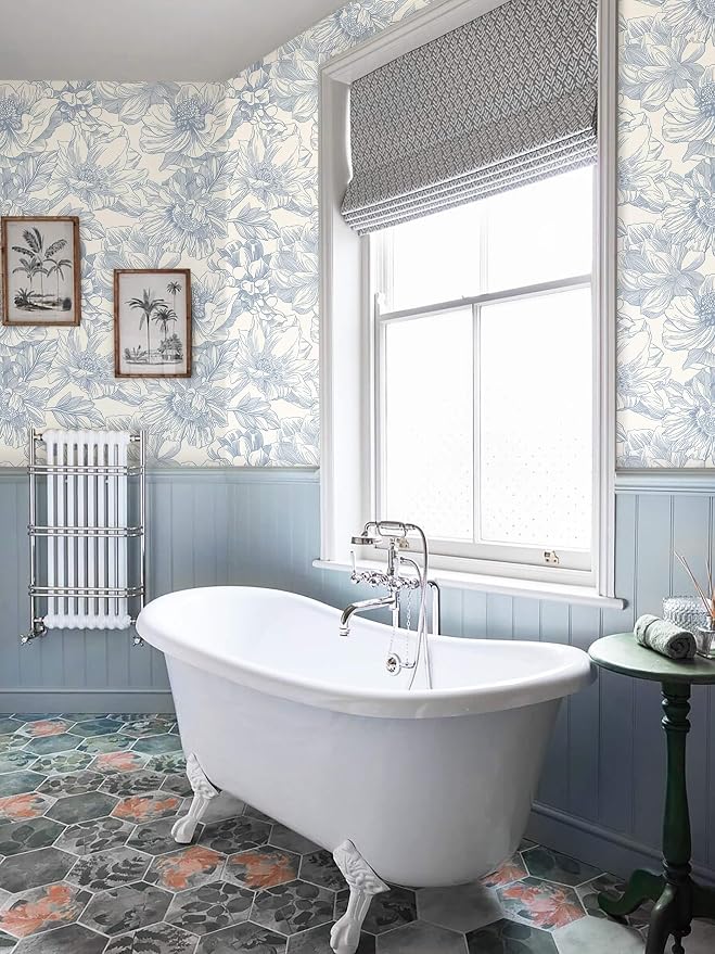 Ismoon Vintage Floral Wallpaper Peel and Stick Beige and Blue Contact Paper 17.3inx32.75ft Removable Self Adhesive Wall Paper for Bathroom Bedroom Cabinet Mural Wall Decor Vinyl Renter Friendly - Image 9