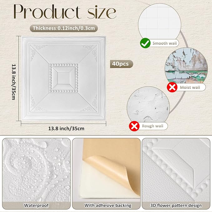 Nuanchu 40 Pcs 13.8 x 13.8 Inch Ceiling Tiles Peel and Stick, Modern | Foam White 3D Wall Panels 26-105.5 Sq. ft Adhesive Glue up Waterproof Wallpaper for DIY Office Home - Image 2
