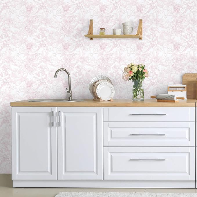 Ismoon Large Floral Peel and Stick Wallpaper Boho White/Pink Contact Paper 17.3inx16.3ft Removable Self Adhesive Bedroom Cabinet Mural Wall Decor Vinyl Roll - Image 5