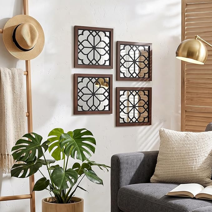 ZEXUIRU 4 Set Rustic Wall Mirrors for Bedroom Bathroom Living Room Entryway Wood Farmhouse Square Easy to Hang Framed Decorative Accent Hanging Wall-Mounted Mirror Set for Living Room -Walnut - Image 8