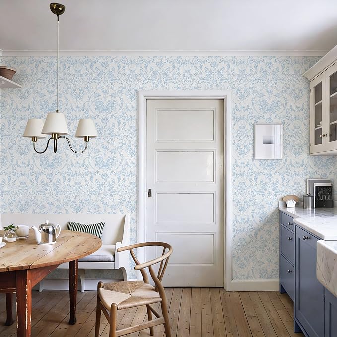 Ismoon Blue and White Wallpaper Floral Peel and Stick Wallpaper 17.3in x 16.4ft Vintage Damask Blue Contact Paper Boho Removable Watercolor Wall Paper for Bedroom Bthroom Kitchen Décor Vinyl - Image 7