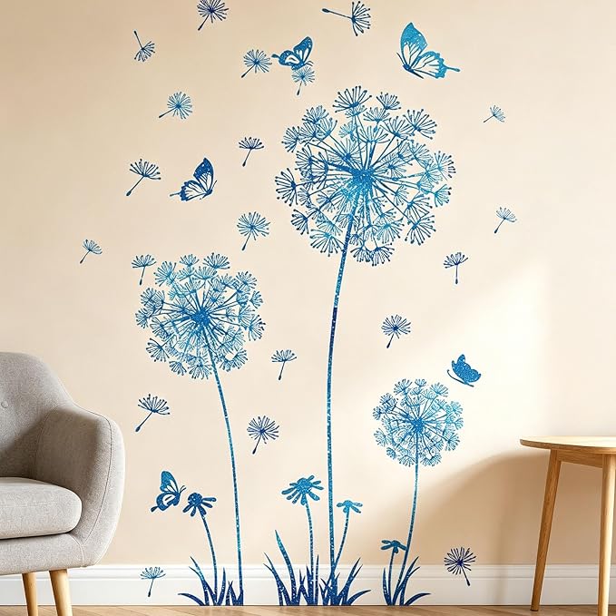 Arawat Dandelion Flower Stickers Blue Butterflies Wall Decor for Bedroom Office Bathroom Living Room Floral Wall Decal Removable Peel and Stick Room Decor - Image 3