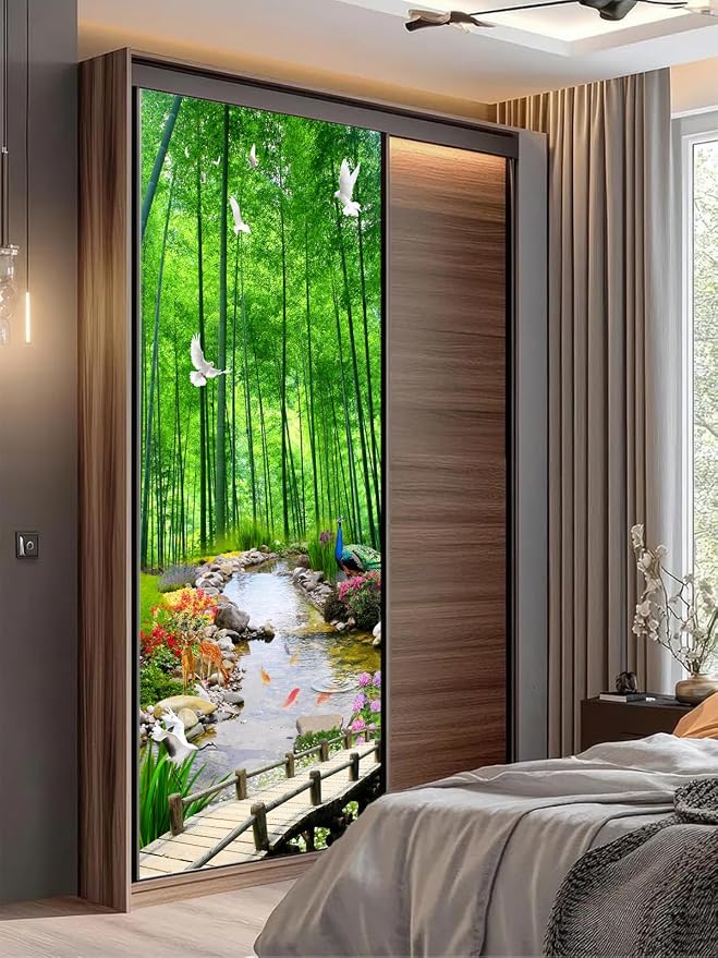 artfanke 3D Door Sticker Peel and Stick 30.3"x78.7"-Self-Adhesive Door Wallpaper Mural Decal-Green Bamboo Forest Doves Wall Poster for Bedroom Home Office Decor (2 Sheets/Set) - Image 4