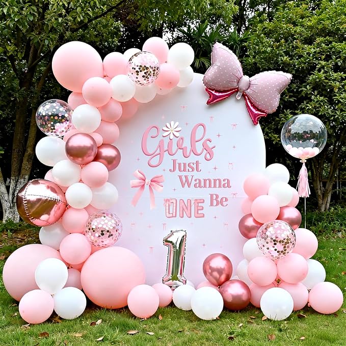 LHIUEM Pink Girls Just Wanna Be One First Birthday Decals Pink Bow Knot 1st Birthday Party Stickers for Girl Gift Birth Theme Girls Just Wanna Be One wall Decal Banner for Arch Baby Shower Backdrop - Image 5