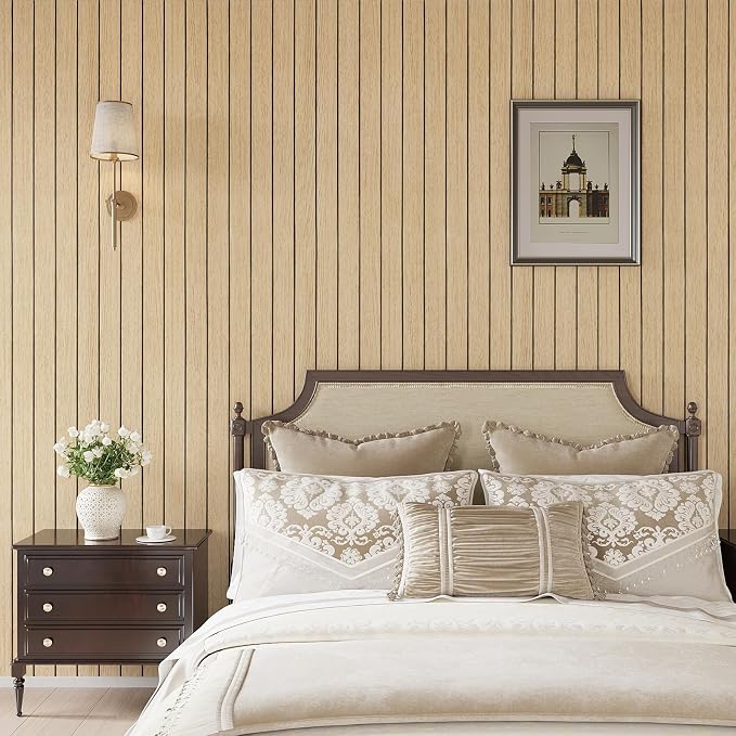 VEELIKE Light Oak Wood Wall Panels Peel and Stick Foam Slat Wallpaper for Bedroom Living Room 17''x118'' Self Adhesive Vinyl Wood Slat Wall Panel for Interior Accent Walls Decor TV Background Ceiling - Image 3