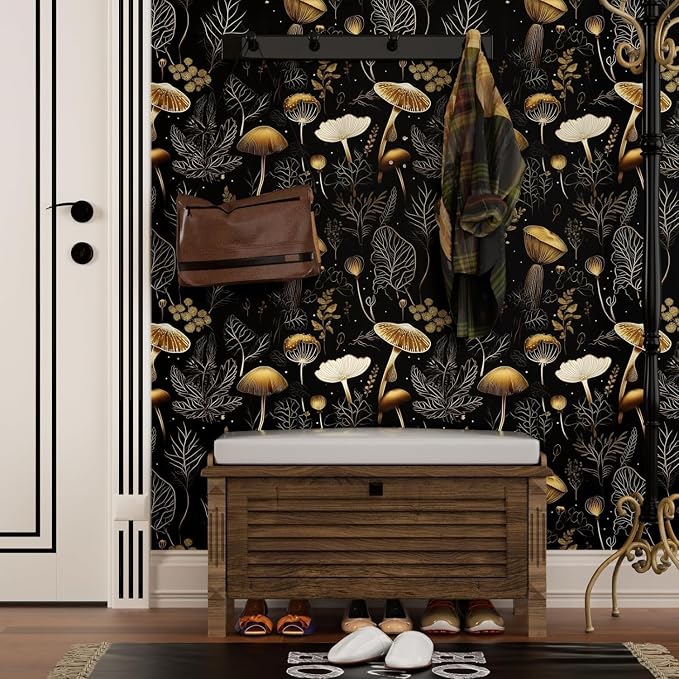 Laatse Dark Mushroom Wallpaper Peel and Stick 17.5" x 787",Black Gold | Self Adhesive/Removable/Waterproof/Thick Vinyl Extra Long Contact Paper for Bathroom Bedroom Shelf Cabinet Drawer,Prepasted - Image 4