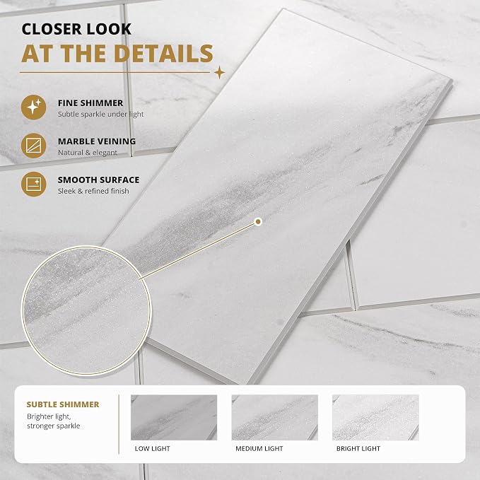 StyloVue 100 Pieces Peel and Stick Backsplash for Kitchen, 3" x 6" PVC Subway Tile, 2026 Upgraded Sparkle White Marble, Stick on Wall Tile for Kitchen, Bathroom, Fireplace, RV - Image 3