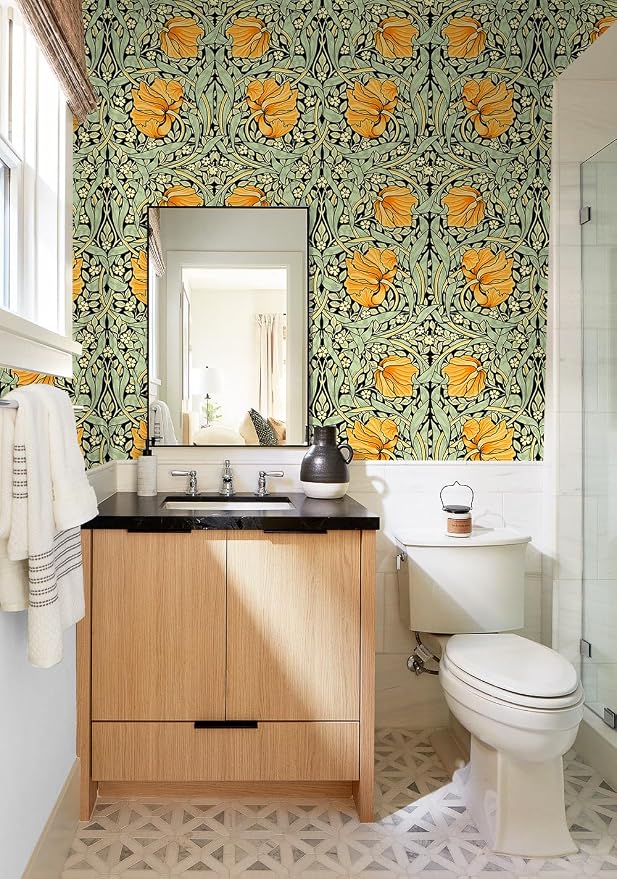 HAOKHOME William Morris Style Peel and Stick Wallpaper Art Deco Wall Paper | Green Black Yellow Textured Renter Friendly Removable Wall Paper Vintage Floral Bathroom Bedroom Contact Paper 17.3in x 9.8ft - Image 2