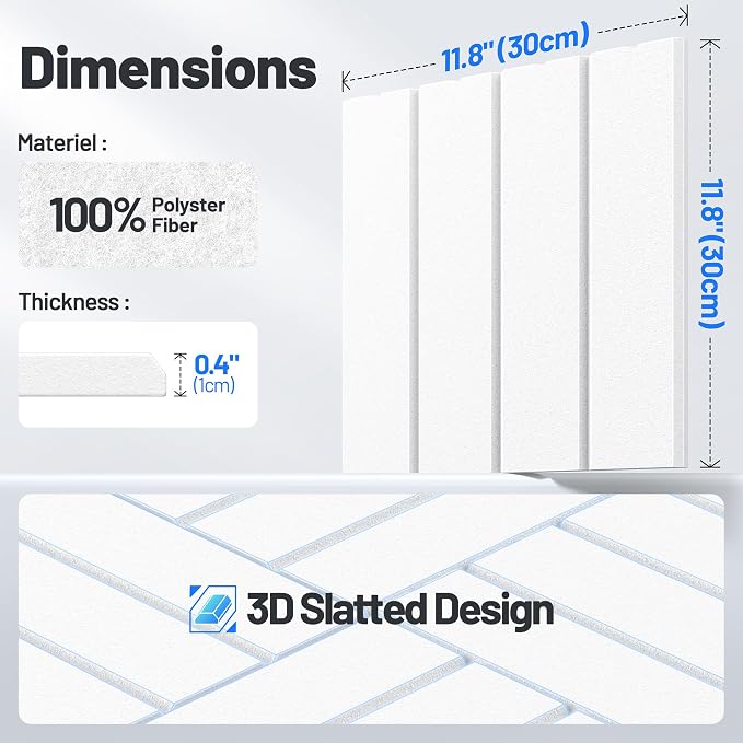 20 Pack Sound Proof Foam Panels for Walls, Acoustic Panels Self-Adhesive | 12" X 12" X 0.4" Slatted Soundproof Wall Panel, High Density Sound Absorbing Panel for Gaming Recording Studio Decor-White - Image 7