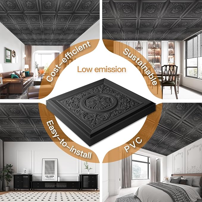 WOWSTAR 24-Pack 24"x24" Drop Ceiling Tiles, Waterproof Glue Up Vintage Style 3D Ceiling Tiles, Black, Wall Art | PVC ceiling panels, 24"x24", waterproof, glue-up install, basement kitchen bathroom, 24-pack - Image 5