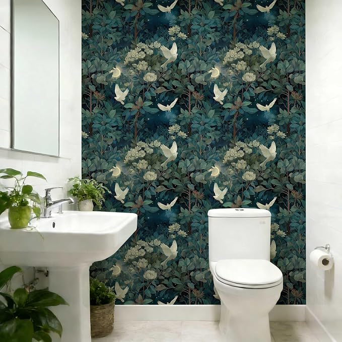 Vintage Night Dove Floral Botanical Peel and Stick Wallpaper | Deep teal moonlit forest dove and blossom print, Removable waterproof vinyl wall covering, bedroom accent wall decor - Image 8