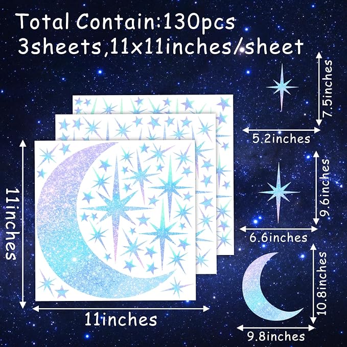 Retro Star Moon Wall Decals Sparkle Art Stickers Mid Century Modern Decor | Blue star and moon decor, peel and stick, removable vinyl art murals wallpaper, for ceiling baby boy girl bedroom living room - Image 4