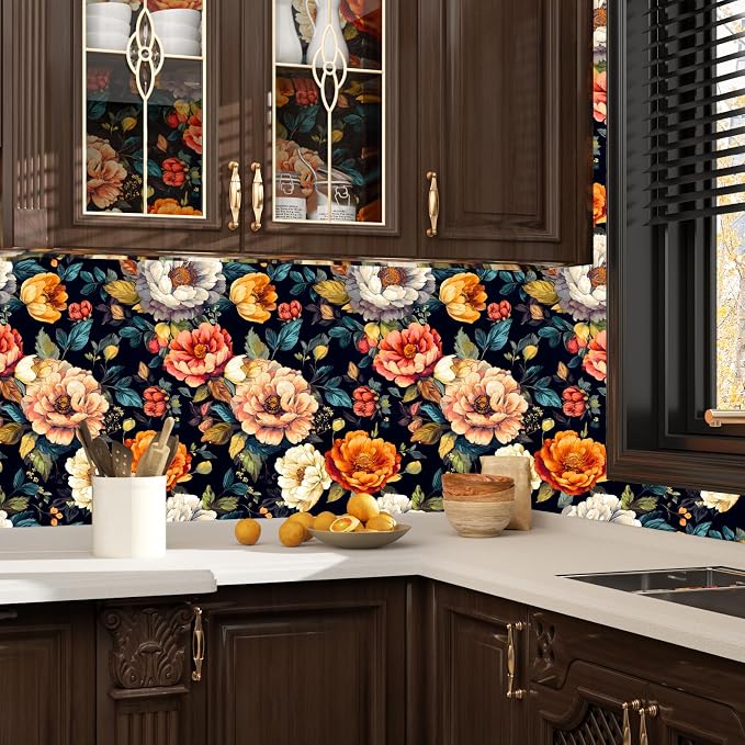 BOKEBEVE Floral Wallpaper Peel and Stick Boho Colorful Black 17.5 x 118In | Removable Self Adhesive Renter Friendly Vintage Floral Wall Paper for Bedroom Bathroom Cabinet Drawer Feature Accent Wall - Image 3