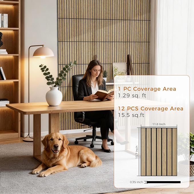 12 Pack Acoustic Panels, 11.8”x15.7”x0.35” Soundproof Panels,Teak | Simulated PVC Wood Grain Finish,Peel and Stick Wall Panels,100% Polyester Fiber Soundproof Wall Panel for Interior Wall Decor - Image 2