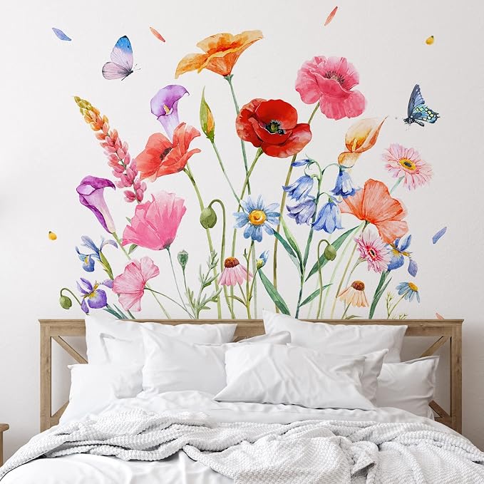 Zonon 6 Pcs Flower Wall Decals Peel and Stick Sticker, Exquisite | Vinyl Removable Wall Stickers & Murals, Colorful Butterfly Wall Decals, Poppy Wildflower Decor for Bedroom, Living Room - Image 4